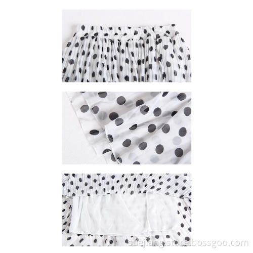 Women Pleated Black Dot Elastic Waist Skirt